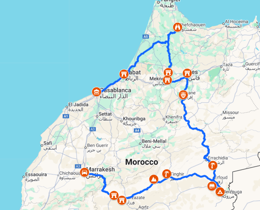 6 Days Morocco Itinerary from Casablanca Route Map