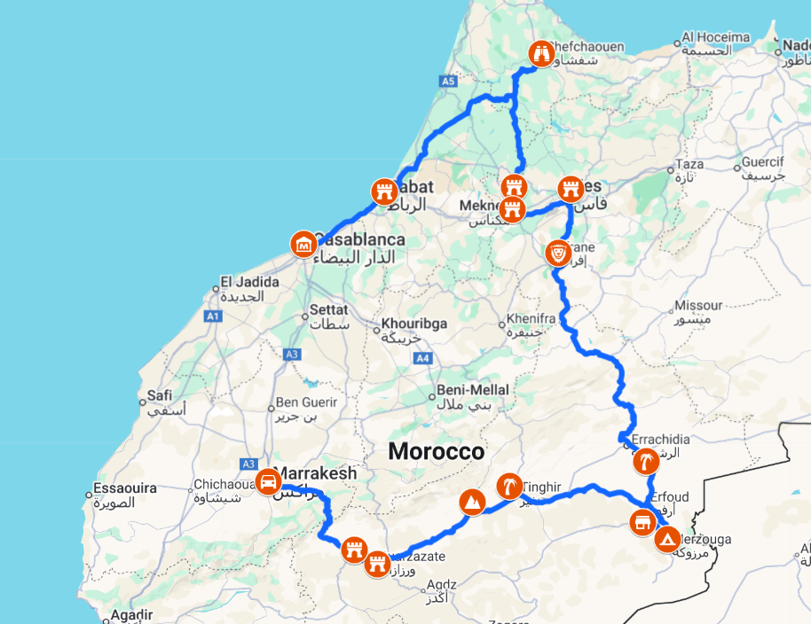 7 Days Morocco Itinerary from Casablanca Route Map