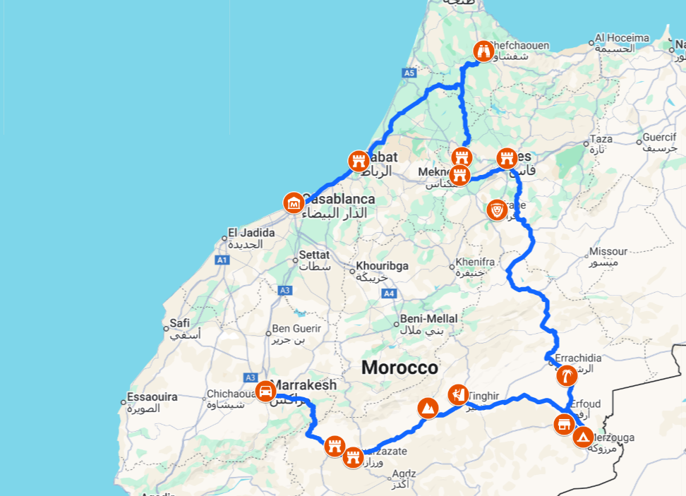 8 Days Tour from Casablanca to Marrakech Route Map