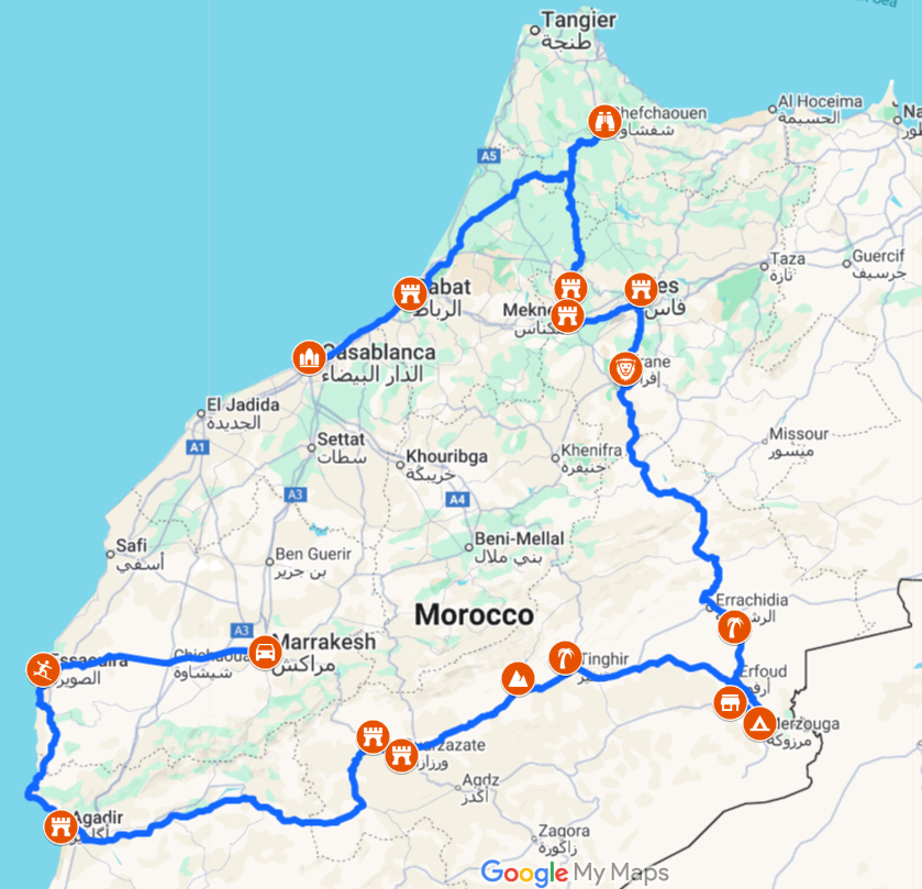 15 Days Morocco Tour from Casablanca Route Map