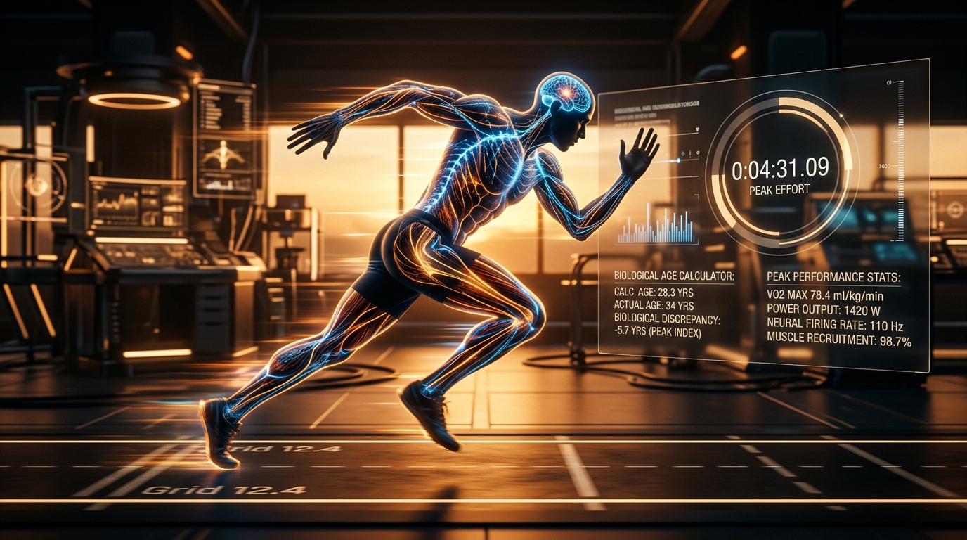 High-performance dynamic athletic visualization representing neuromuscular pathway integrity across advancing chronological years.