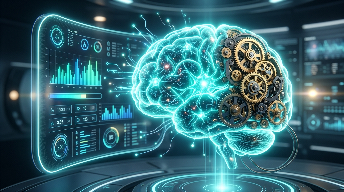 Vibrant 3D render of a glowing human brain with digital neural circuits, representing biological age with youthful turquoise energy and chronological age with mechanical clockwork gears.