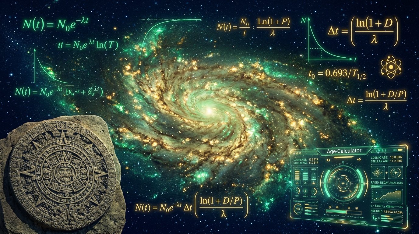 Breathtaking deep space visual showing a swirling galaxy with stellar dust, overlaid with glowing radiometric decay equations, astronomical calendars, and a translucent age-calculator HUD.