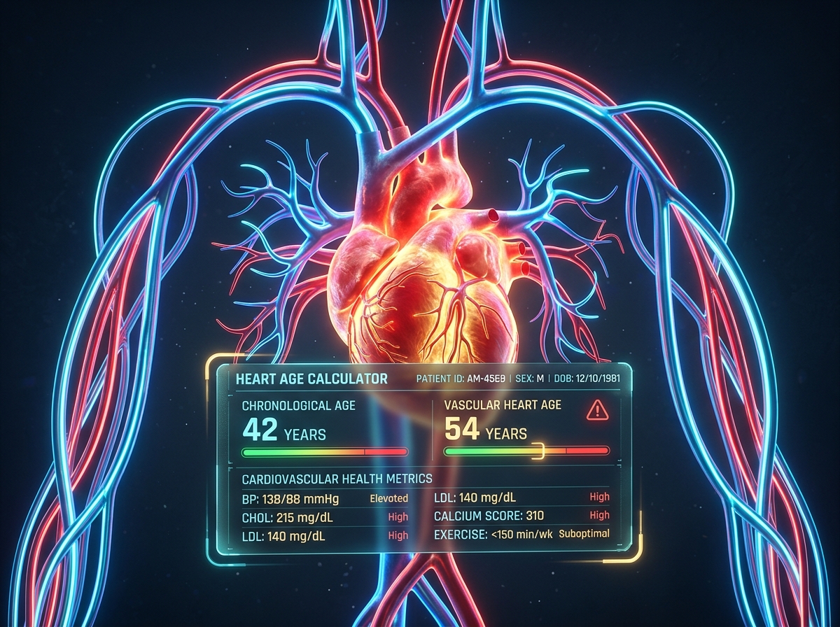 An elegant, eye-catching 3D render of a glowing biological human heart surrounded by neon cardiovascular conduits, with an overlapping semi-translucent glowing age calculator interface displaying chronological and vascular heart age statistics.