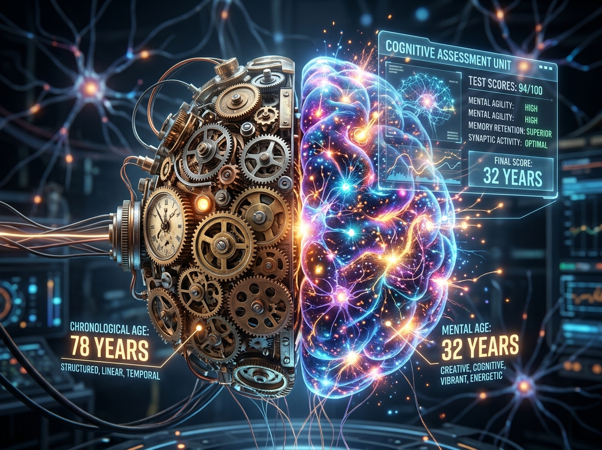 A vibrant, artistic conceptualization of a human brain with dual natures: one side showing classical mechanical gears and clockwork representing chronological age, the other side showing colorful, sparkling synapses and creative energy representing mental age.
