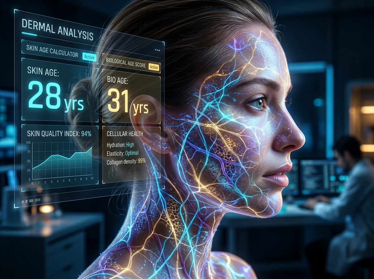 A high-tech beauty and dermatology conceptual visual. A sleek, abstract human face profile showing micro-cellular structures and glowing collagen mesh networks, with a futuristic overlay of a digital skin age calculator and biological age score hud.