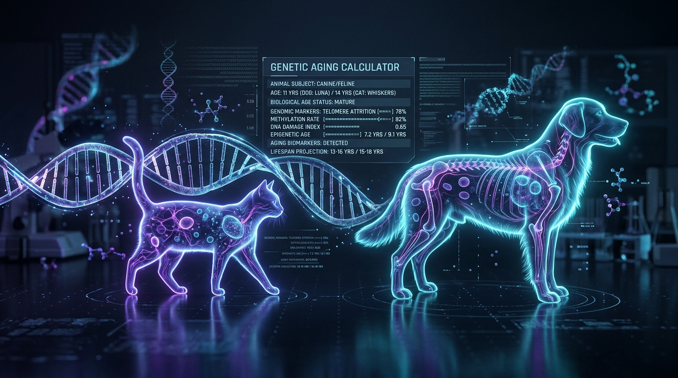 Futuristic visual representation of canine and feline DNA methylation trajectories intersecting with human chronological years.