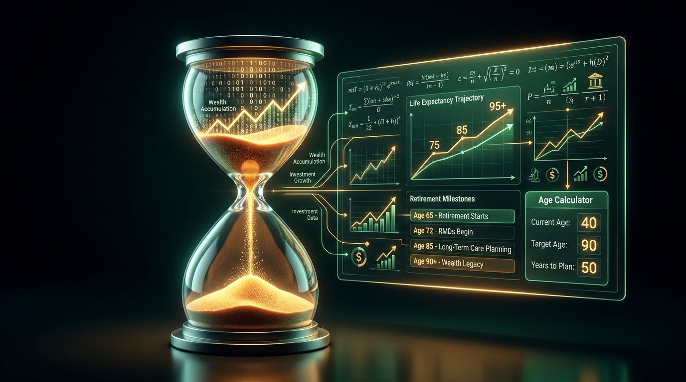 3D render visualization representing actuarial longevity projections and chronological retirement planning milestones.