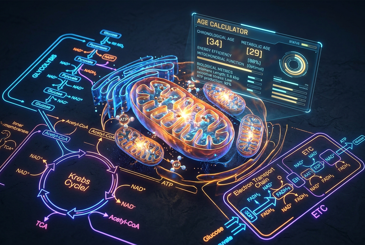 An elegant, eye-catching 3D render of glowing cellular mitochondria producing ATP energy, surrounded by neon metabolic pathway diagrams, with an overlapping semi-translucent glowing age calculator HUD interface displaying chronological and metabolic age statistics.