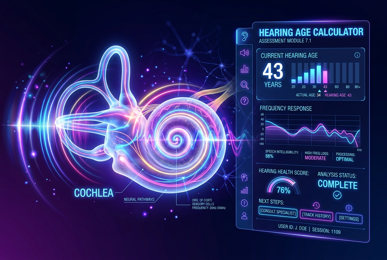 A futuristic 3D conceptual illustration of the human inner ear cochlea glowing with neon audio frequencies and sound wave ripples, with a semi-translucent high-tech digital hearing age calculator overlay screen.
