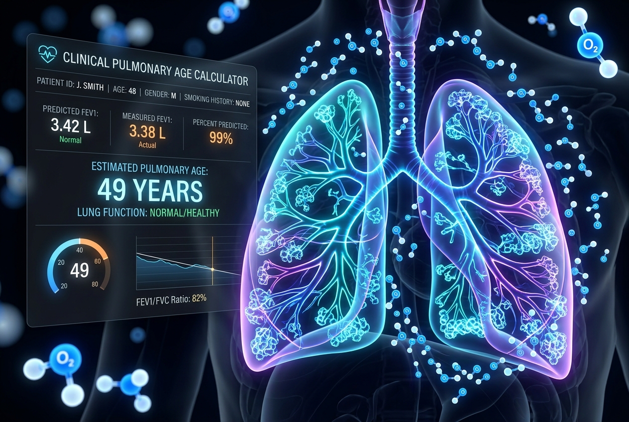 An elegant 3D render of human lungs with glowing neon bronchial branches and alveolar networks, surrounded by fresh oxygen molecules, with an overlapping semi-translucent clinical pulmonary age calculator dashboard.
