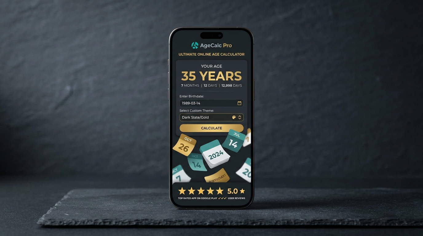 A sleek, professional minimalist showcase of a high-end smartphone displaying the ultimate online age calculator app with checkmarks indicating top rating on Google.