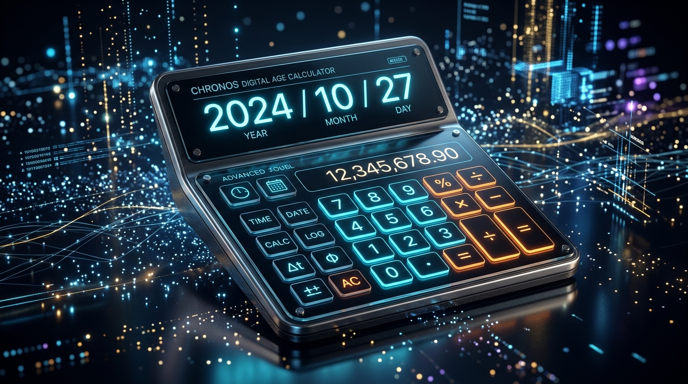 An elegant, high-tech conceptual illustration of an intricate mechanical clockwork blended with a glowing calendar screen displaying precise chronological age calculations.