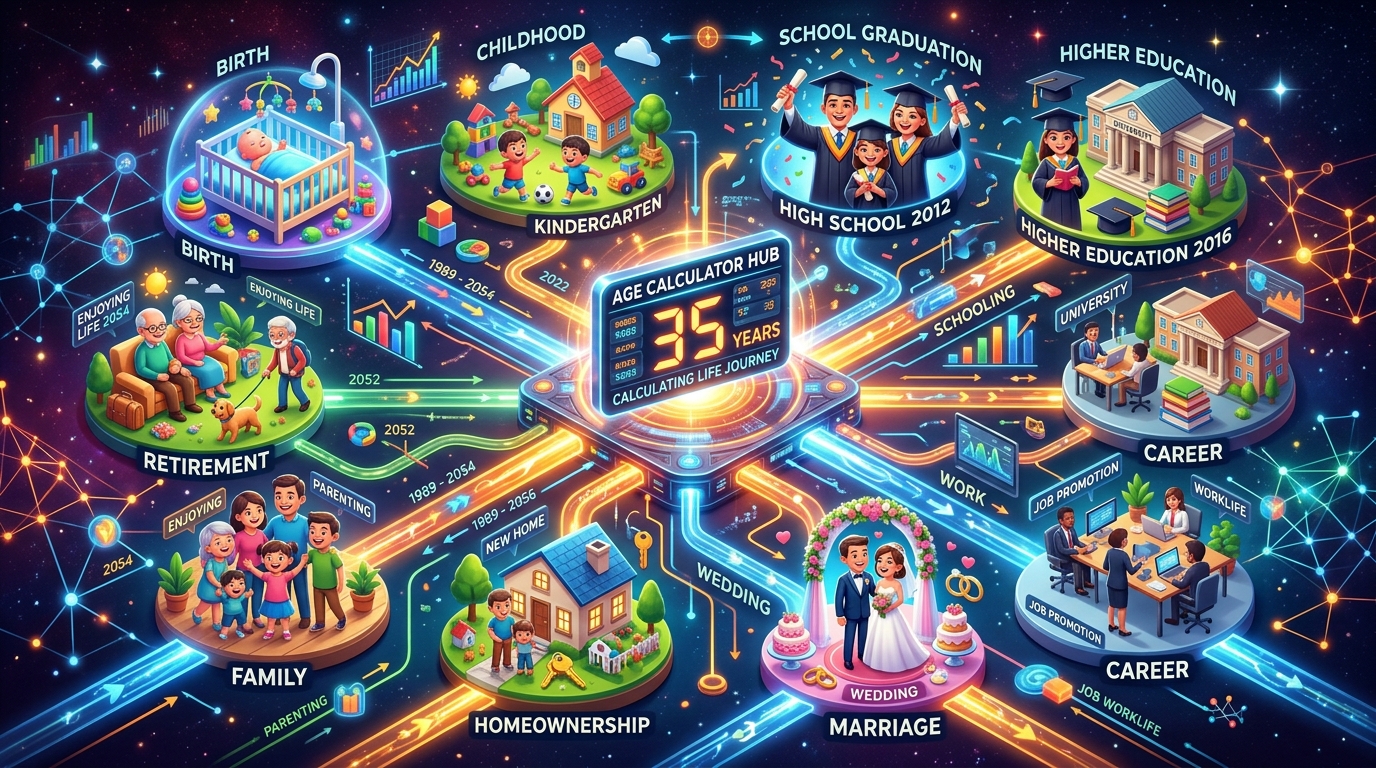 A vibrant, 3D conceptual rendering of life milestones—including school graduation, employment, marriage, and retirement—connected to a glowing central digital age calculator hub.