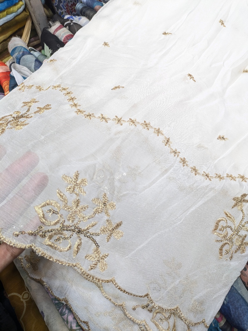 Pure Chiffon Dupatta – Full Golden Embroidered with Two-Side Border | Dyeable Fabric – 2.5 Yards