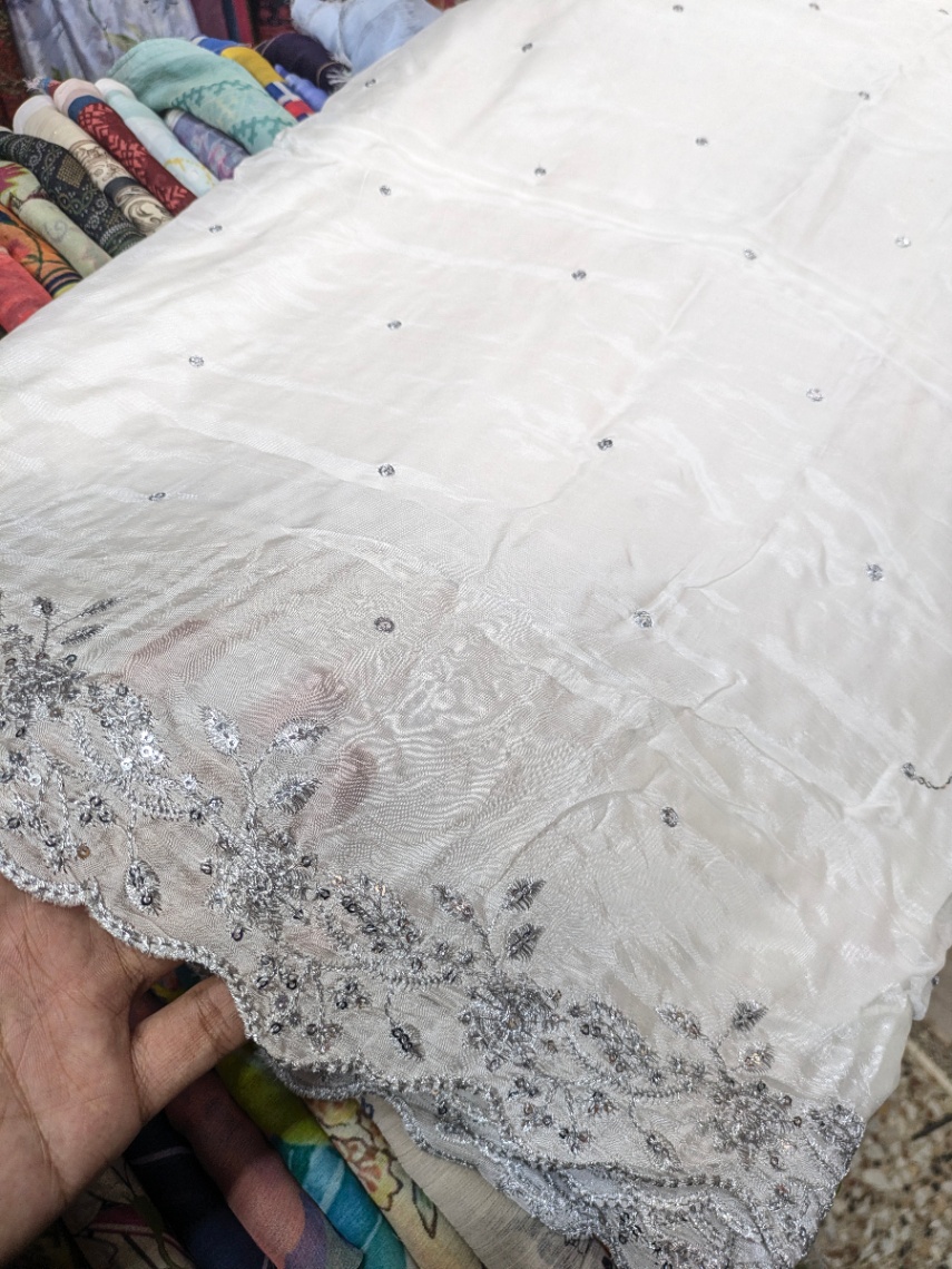 Medium Silk Dupatta – Silver Embroidered | Premium Shiny Dyeable Fabric – 2.5 Yards