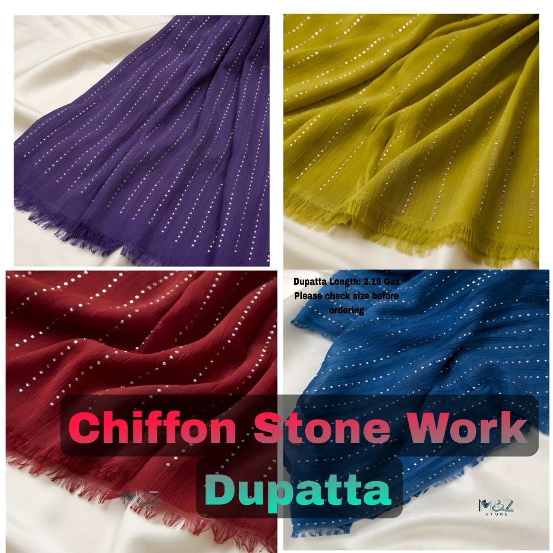 Chiffon Dupatta with Silver Stone Work | 2.15 Yards Length