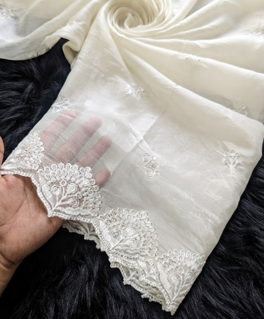 Medium Silk Dupatta with White Embroidery & Sequin Work | Dyeable Fabric | 2.5 Yards