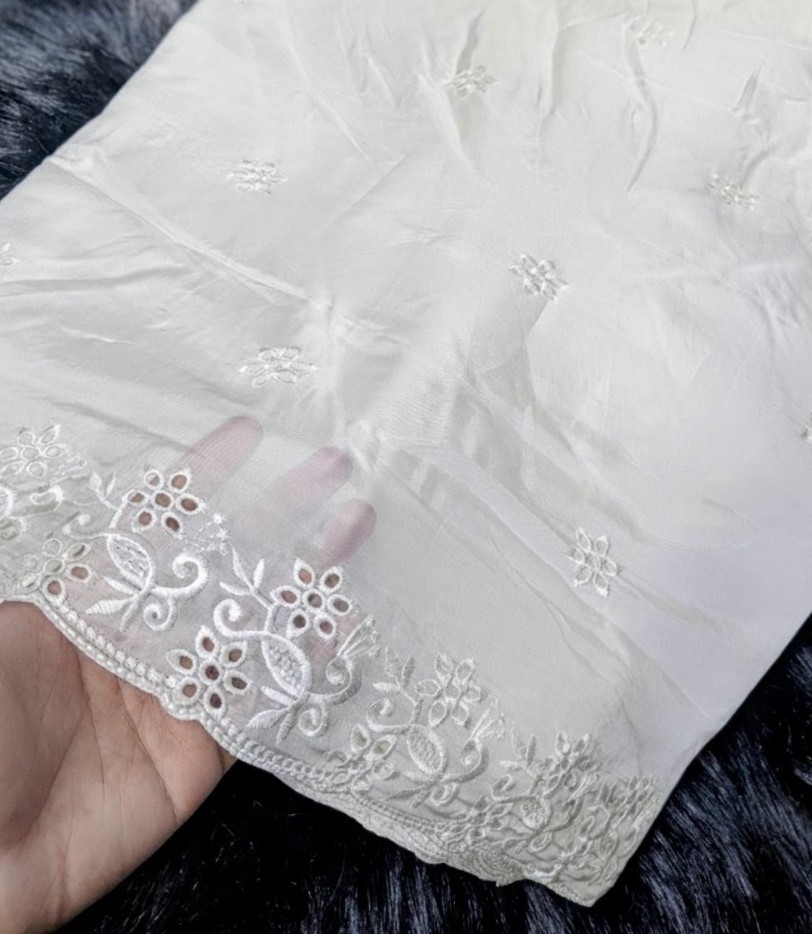 Medium Silk Dupatta with White Embroidery  Work | Dyeable Fabric | 2.5 Yards