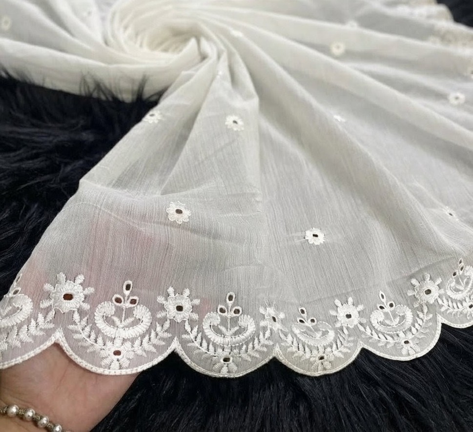 White Premium Lawn chiken Kaari Embroidered Dupatta