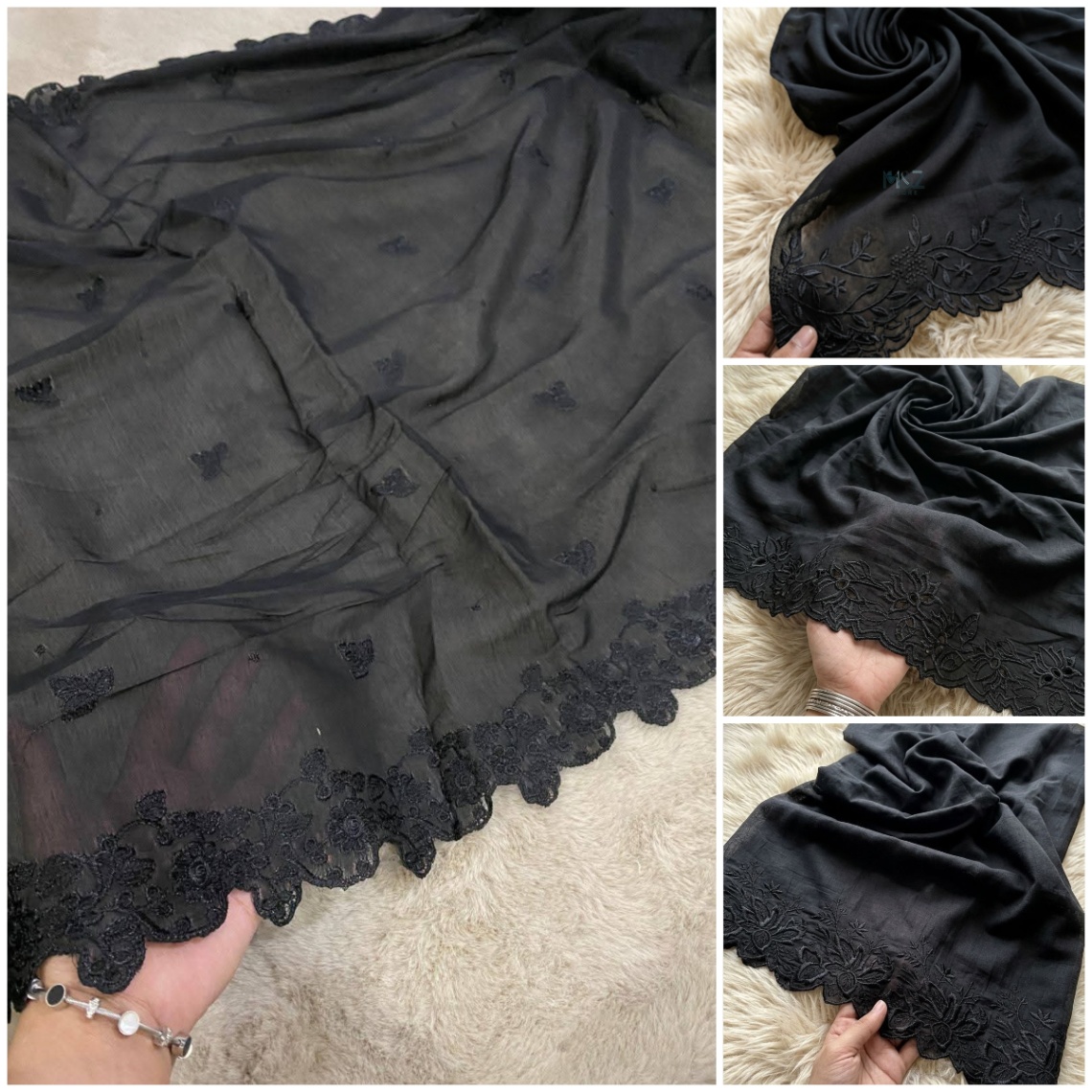 Black Cutwork Dupatta- Border voile Lawn Khaddi Lawn Embroided Dupatta Diyable Material Top Class Lawn base Dupatta - 2.5 ghz