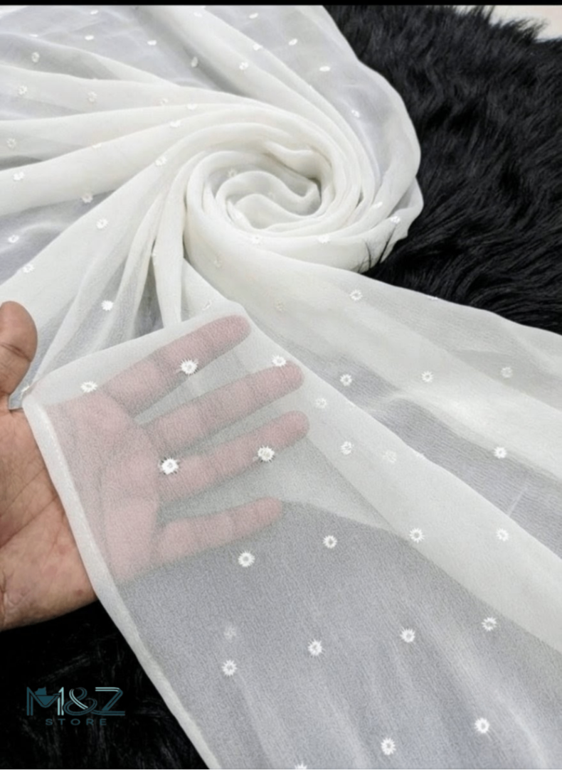 Premium Chiffon Georgette Dot embroidery White Embroidered Dupatta – Dyeable Fabric 2.5 Gaz Elegant Party Wear