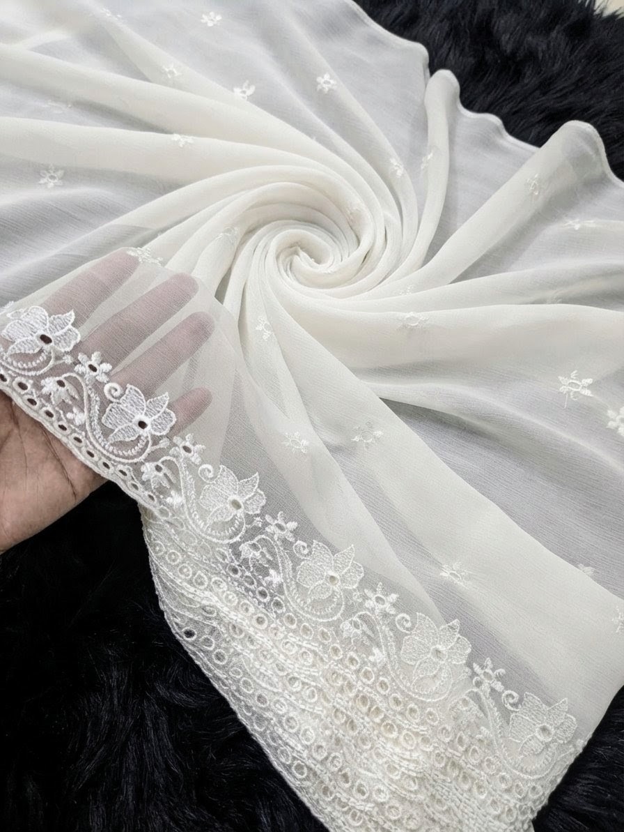 Pure Chiffon Dupatta – White Embroidered | Dyeable Fabric – 2.5 Yards