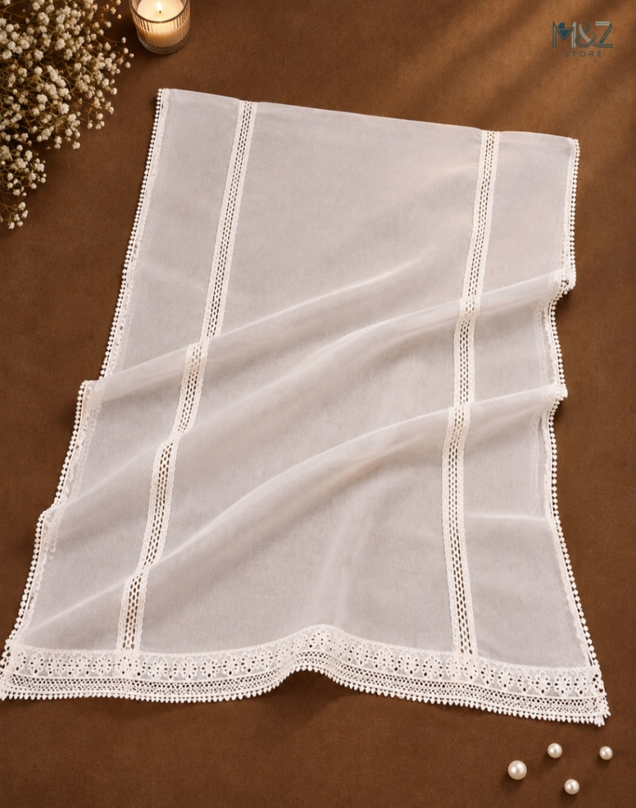 Bember chiffon white four side lace Dupatta 