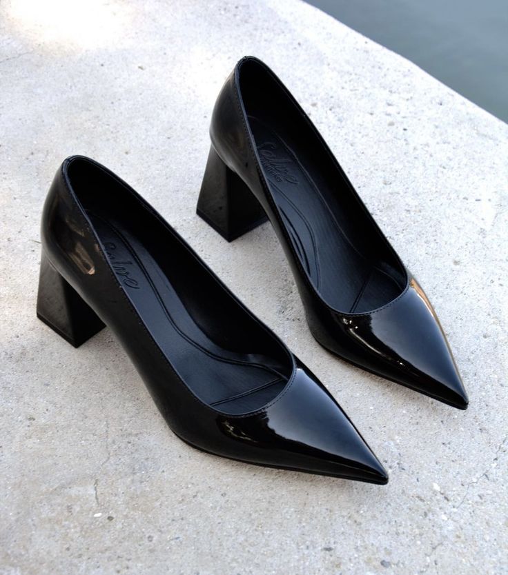 Black Patent Block Heel Pumps