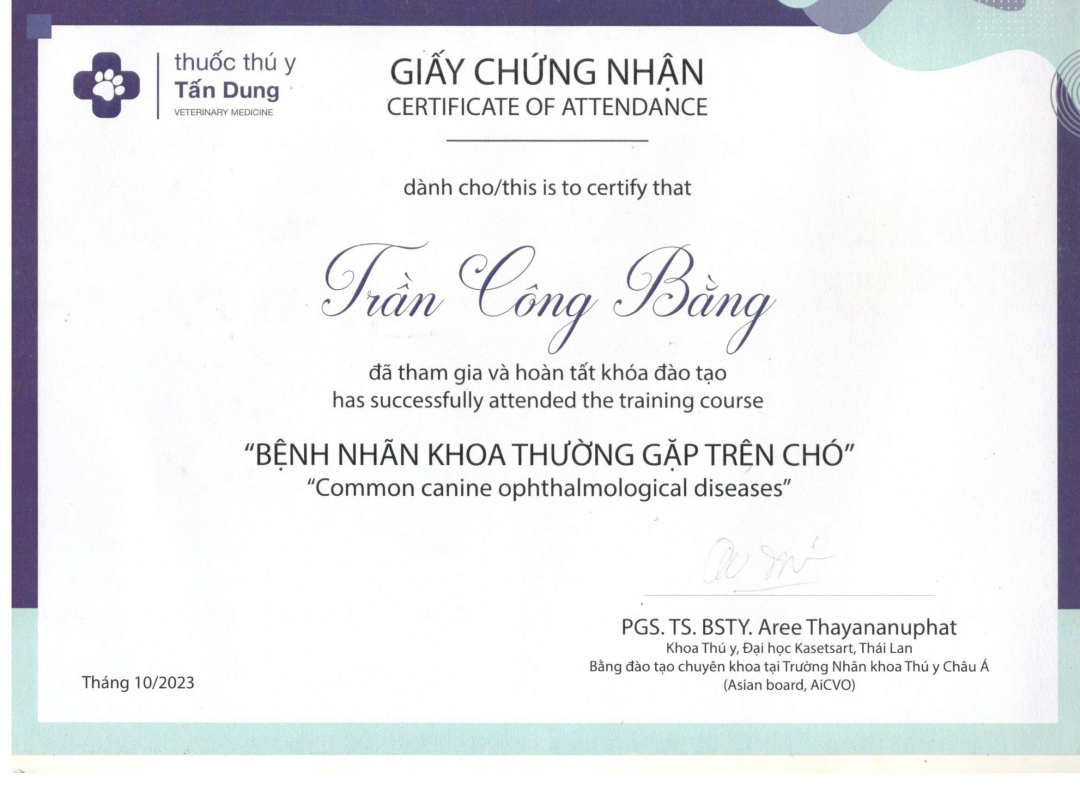 Giấy chứng nhận tham gia khóa đào tạo Bệnh nhãn khoa thường gặp ở chó của MBVet Huế