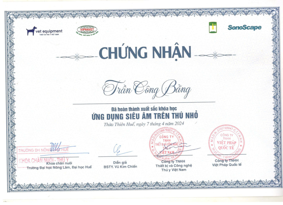 Giấy chứng nhận hoàn thành Xuất sắc khóa học Ứng dụng siêu âm trên thú nhỏ của MBVet Huế
