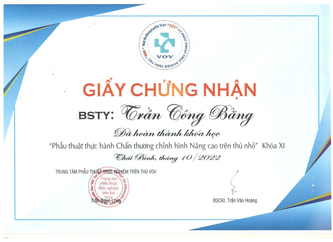 Giấy chứng nhận hoàn thành khóa học Phẫu thuật thực hành chấn thương chỉnh hình nâng cao trên thú nhỏ của MBVet Huế