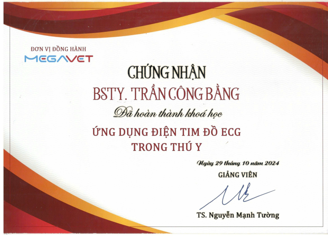 Giấy chứng nhận hoàn thành khóa học Ứng dụng điện tim đồ EGG trong thú y của MBVet Huế
