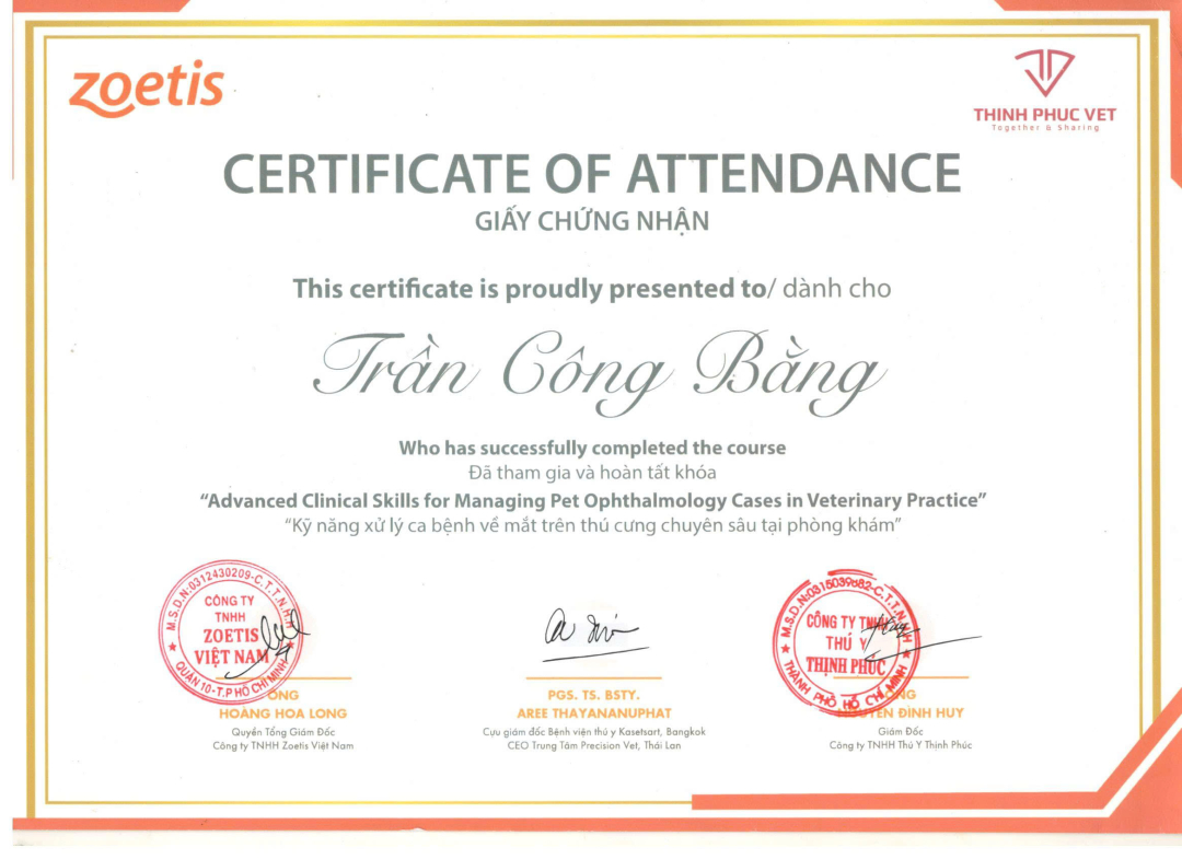 Giấy chứng nhận tham gia và hoàn thành khóa Kỹ năng xử lý ca bệnh về mắt trên thú cưng chuyên sâu tại phòng khám của MBVet Huế