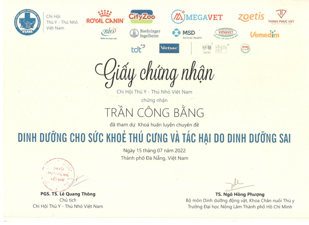 Giấy chứng nhận hoàn thành khóa huấn luyện chuyên đề Dinh dưỡng cho sức khỏe thú cưng và tác hại do dinh dưỡng sai của MBVet Huế