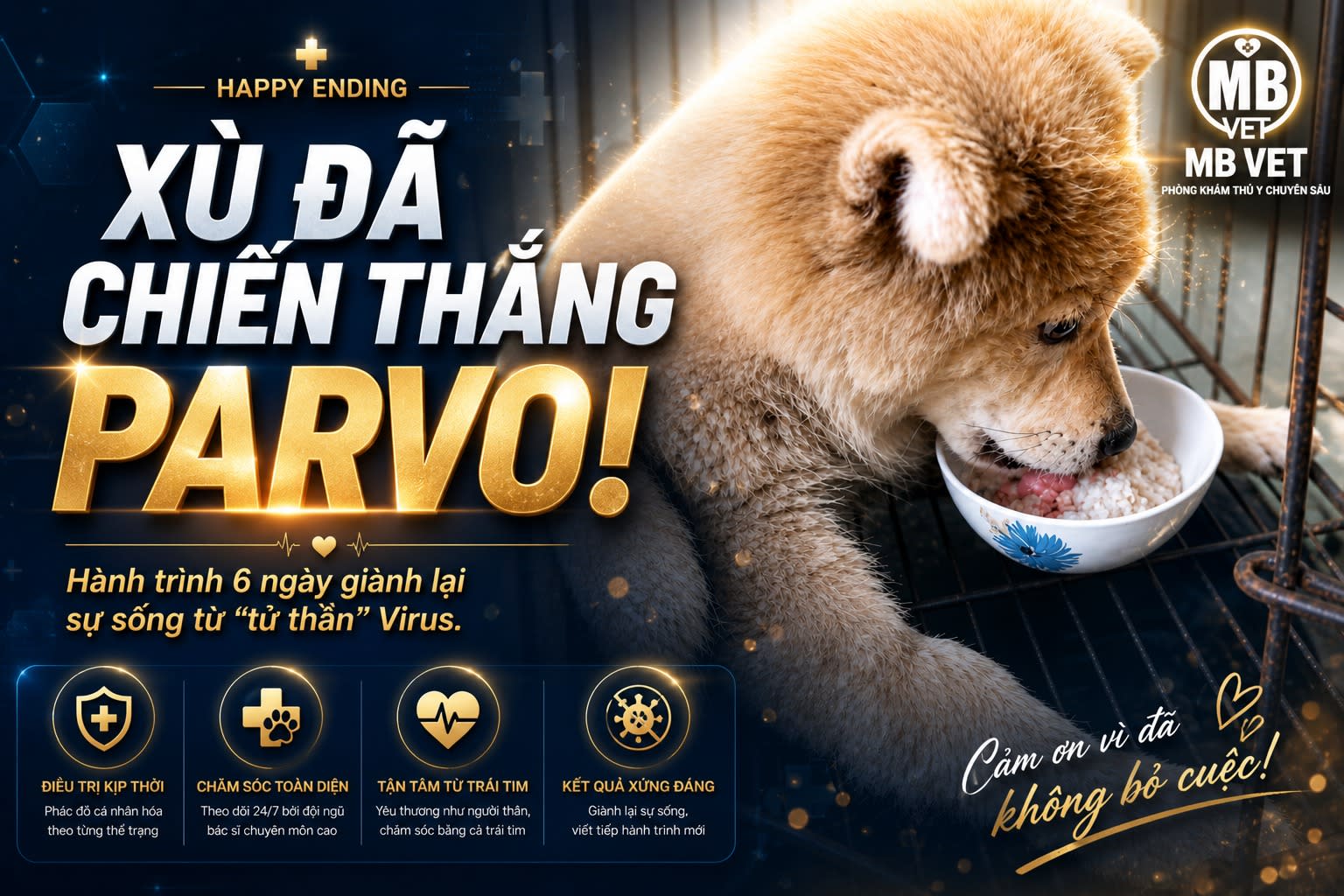 Ảnh bìa của bài viết Hành Trình Hồi Sinh Kỳ Diệu: Chó Nhiễm Parvo Được Cứu Sống Sau 6 Ngày Tại MB VET