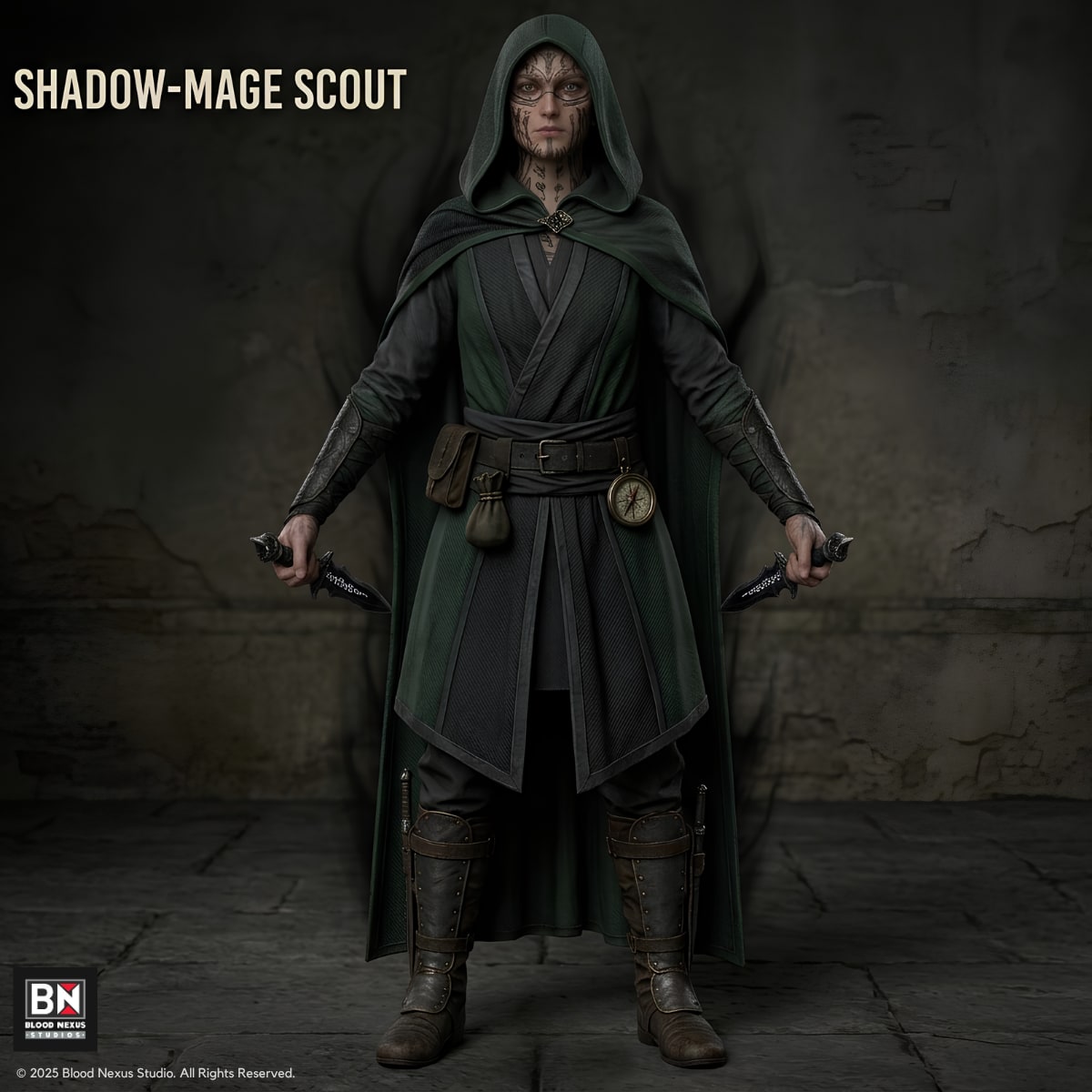 Shadow-Mage Scout — Stealth Caster, hero render (3D character model)