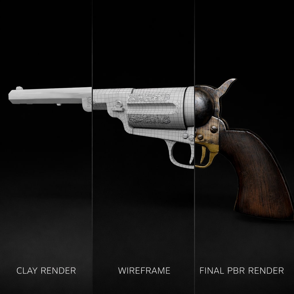 Frontier Revolver — Clay · Wireframe · Final PBR