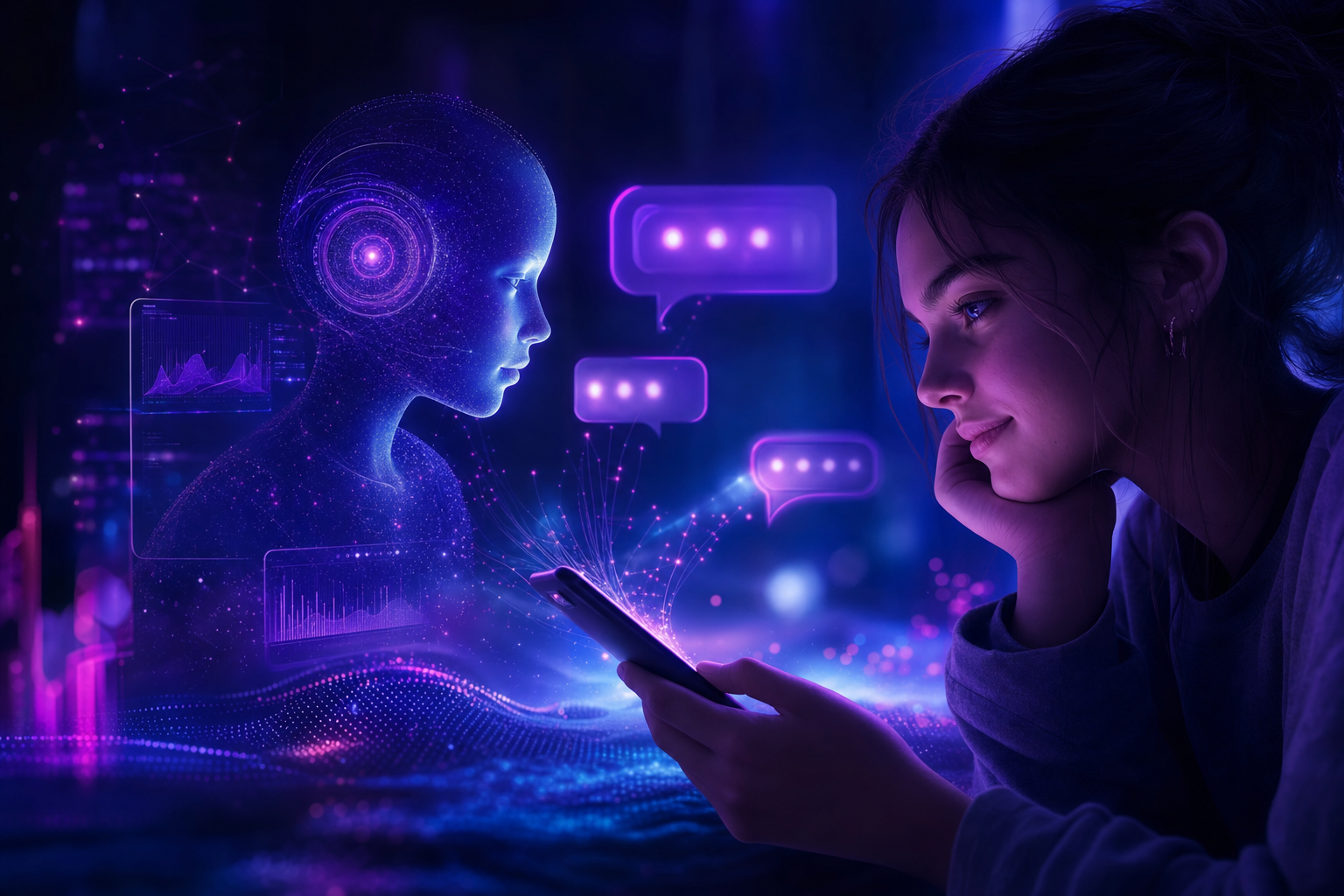 Interfaz gráfica mostrando una conversación en Instagram administrada por IA, con colores azul y violeta predominantes