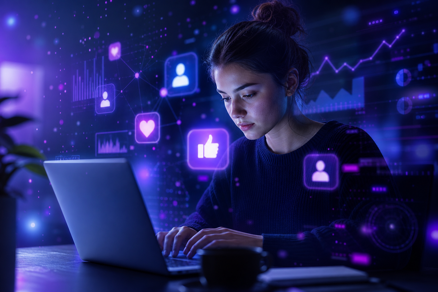 Una ilustración de una persona utilizando una laptop con redes sociales representadas alrededor
