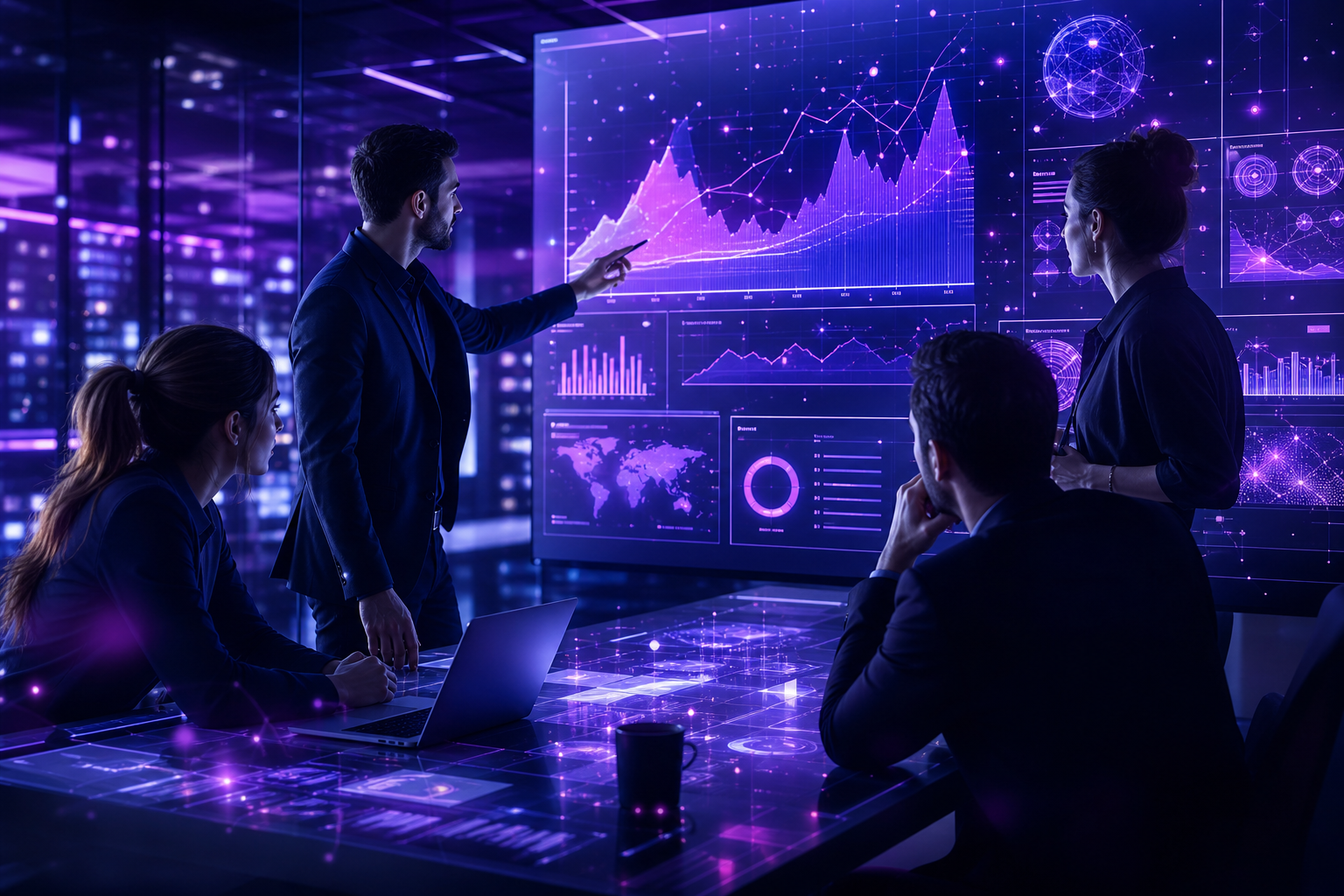 Ejemplo de un equipo discutiendo estrategias frente a una pantalla con visualización de métricas