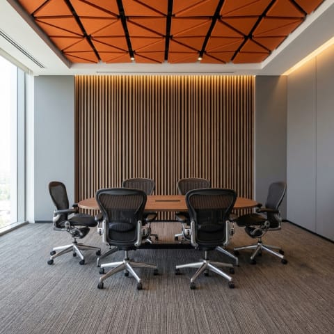 CRea una sala de juntas, con plafon acuatico y slats en muros.