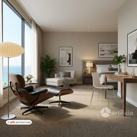 crea una habitacion de hotel de 5 estrellas cuidando cada detalle de los productos, con vista al mar. Que el lounge este con la lampara como de lectura y la silla catifa este en un escritorio.