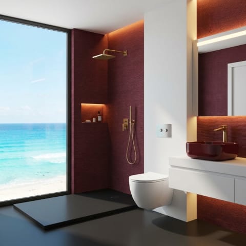 creame una imagen de un baño amplio de ultra lujo blanco con el tapiz en la pared. con una ventana viendo a las playas de cancun. cuida cada detalle de los productos. y refleja bien el area del wc el lavabo y la regadera por separado distribuido como un bajo de hotel de 5 estrellas. cambia el piso color blanco.