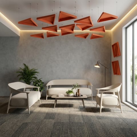 Crea una sala de estar con un plafon de triangulos colgantes