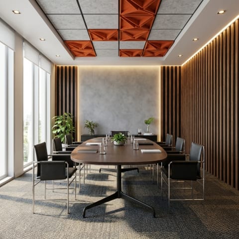 Crea una sala de juntas combinando los plafones y poniendo en muro los slats