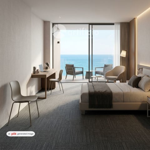 creame una habitacion de hotel luxury cuidando cada detalle de cada producto, que tenga area de trabajo con las silla, un espacio para leer con el lounge y la mesa y una terraza con vista al mar con dos africa. obvio el tapiz en pared y la alfombra.
