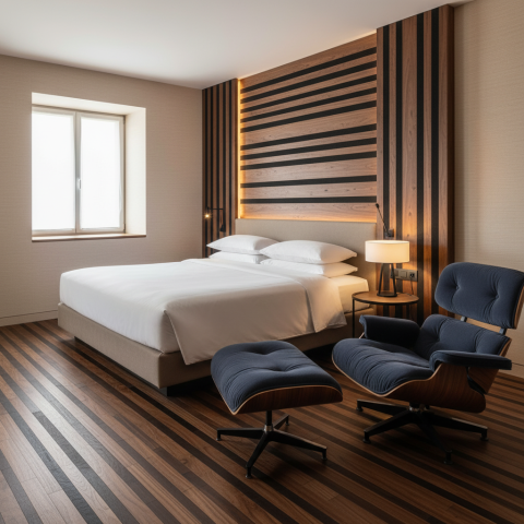 Crea una habitacion de hotel con cama y todo el sillon aun lado