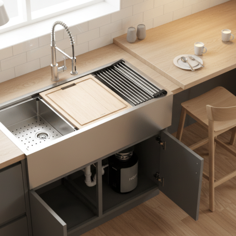 crear una cocina con su tarja y monomando con barra alta y sus bancos altos, estilo nordico. que se vea la perspectiva desde arriba para poder ver la tarja