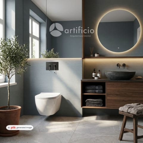 CREA UN BAÑO DE LUJO cuidando cada detalle de los productos. que resalte el baño empotrado y su pulsador con el tapiz.